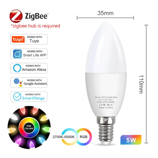 Tuya E14 Smart ZigBee 3.0 WiFi Candle Light Bulb AC85-265V LED Light Chandelier Lamp Bedroom Lamp Smart Life Alexa Google Home