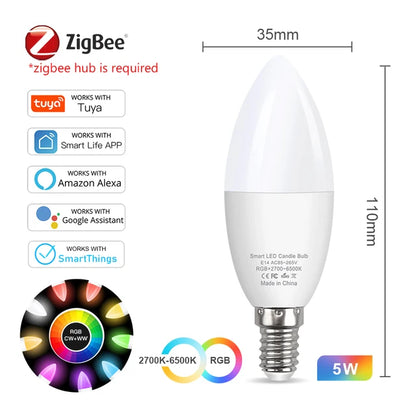 Tuya E14 Smart ZigBee 3.0 WiFi Candle Light Bulb AC85-265V LED Light Chandelier Lamp Bedroom Lamp Smart Life Alexa Google Home