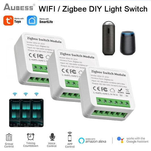 Tuya ZigBee WIFI Smart Switch Module With Neutral Wire Required Mini Smart Home DIY Light Breaker Works With Alexa Google Home