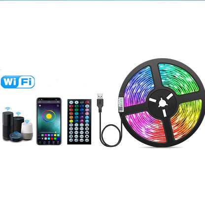 WIFI USB RGB 5050 Bluetooth LED Strip Light, 1m-10m Music Sync 5V Flexible Ribbon Alexa Smart Lights Strip for Party Room Deco