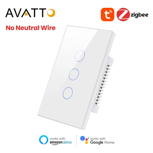 AVATTO Tuya Zigbee Wall Switch No Neutral Wire No Capacitor Required, Smart Light Switch 1/2/3 gang Works for Alexa /Google Home