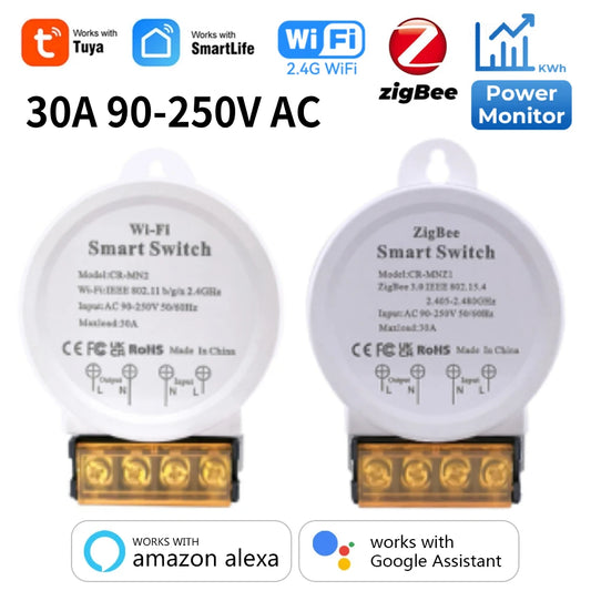 Tuya ZigBee WiFi Smart Switch with Power Monitor 30A 90-250V AC High Power Relay Module for Smart Life Alexa Google Home