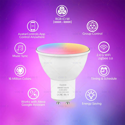 COOLO ZigBee GU10 WiFi Smart LED Light Bulb RGB C+W 5W Dimmable Lamps EWelink APP Control Spotlight Bulb Works With Alexa Google