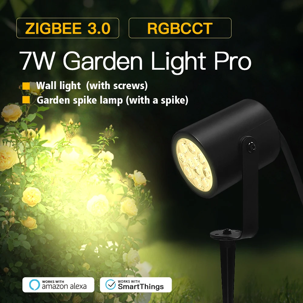 GLEDOPTO Zigbee 3.0 Smart New Garden Spike Lamp 7W LED Wall Light Knuckle Mount For Grassplot Exterior Roof Lawn Courtyard Party