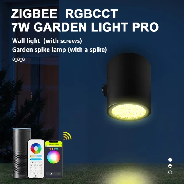 GLEDOPTO Zigbee3.0 RGBCCT Garden Spike Lamp Smart 7W LED Wall Light Knuckle Mount IP66 Waterproof Grassplot Lawn Courtyard Party