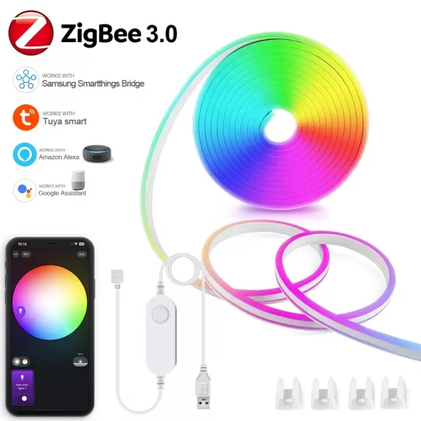 1-5M USB Zigbee 3.0 RGB Neon LED Strip Lights Tuya Zigbee Waterproof Dimmable Flexible Tape Kitchen Cabinet TV Room Night Light