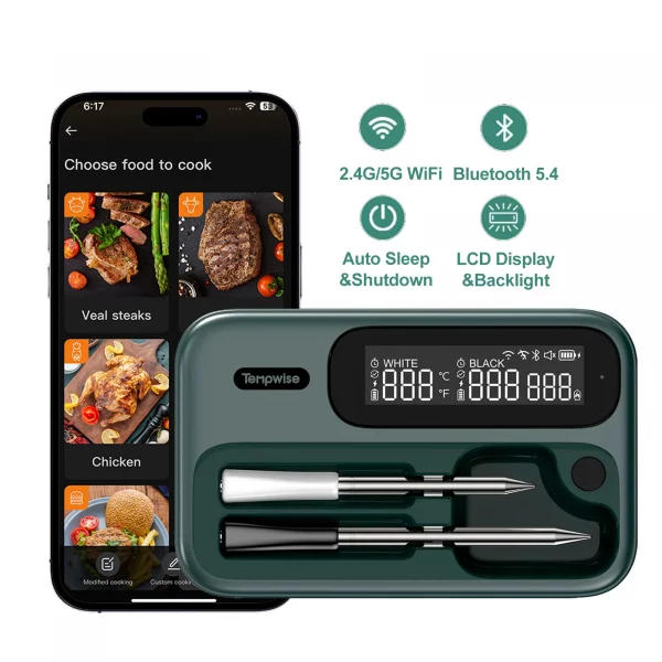 Tempwise WiFi Bluetooth Dual BBQ Meat Thermometer Home Wireless Food Thermometer with Ultra Fast Response Long and Short Probe