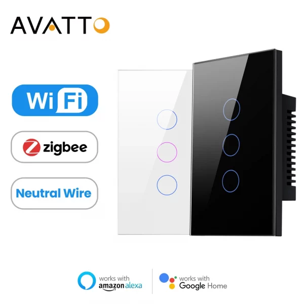 AVATTO Tuya WIFI/Zigbee Smart Light Switch Neutral Wire Required Wall Touch Switch,Work With Alexa, Google Home