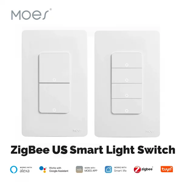 MOES Tuya ZigBee Smart Light Switch US Push Button Wall Switch Work With Alexa Google Home Neutral Wire/No Neutral Wire Required