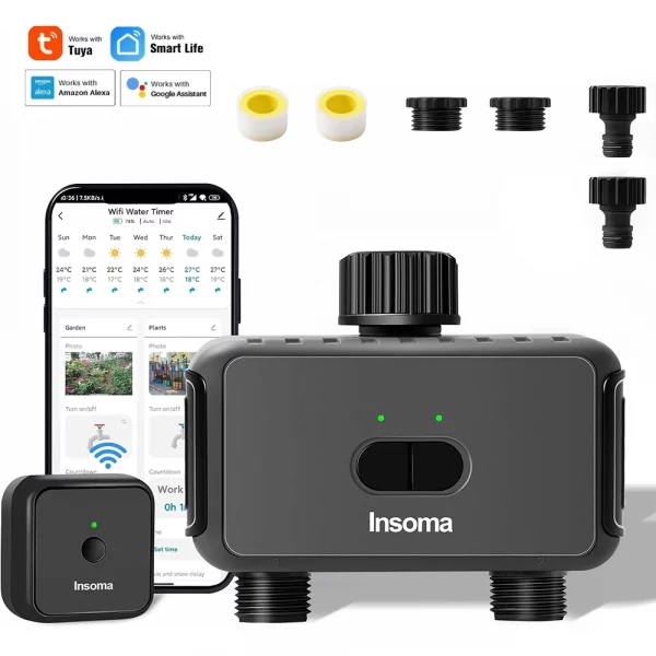 Insoma Automatic Water Timer with Gateway Dual Hose Garden Irrigation Watering System Remote Sprinkler Programmer support Alexa