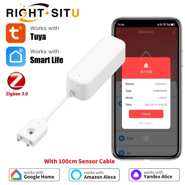 Tuya Zigbee 3.0 Water Leakage Sensor APP Remote Control Wrok With Alexa Smart Life Yandex Alice