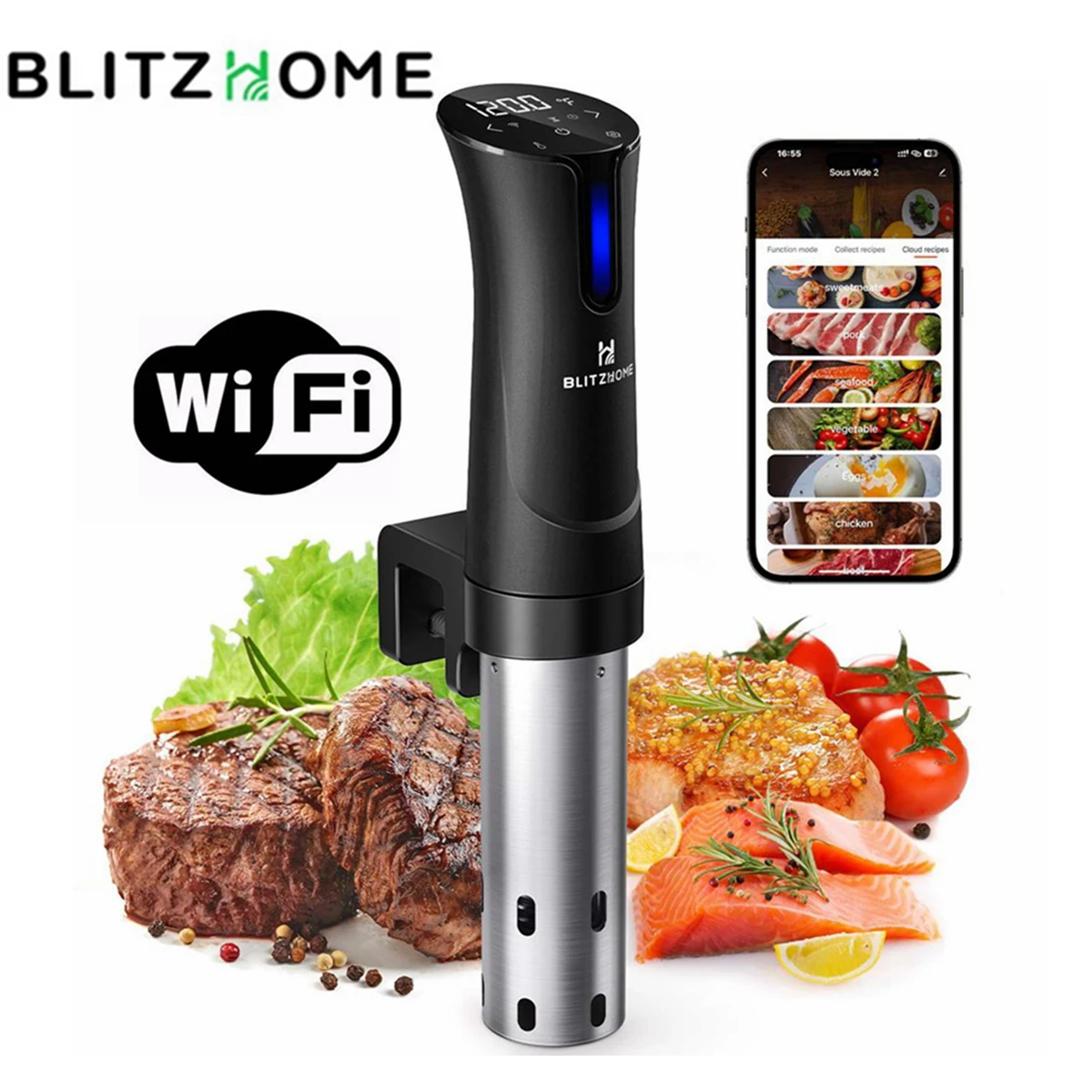 Blitzhome Home Appliance Sous Vide Cooker 1100W WiFi Smart Kitchen Sous Vide Machine Durable Immersion Circulator Precise Cooker